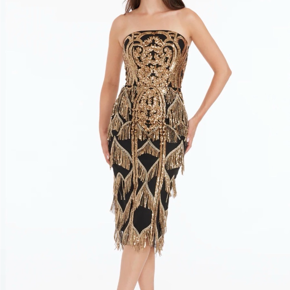 Dress the Population Black and Gold Strapless Dress